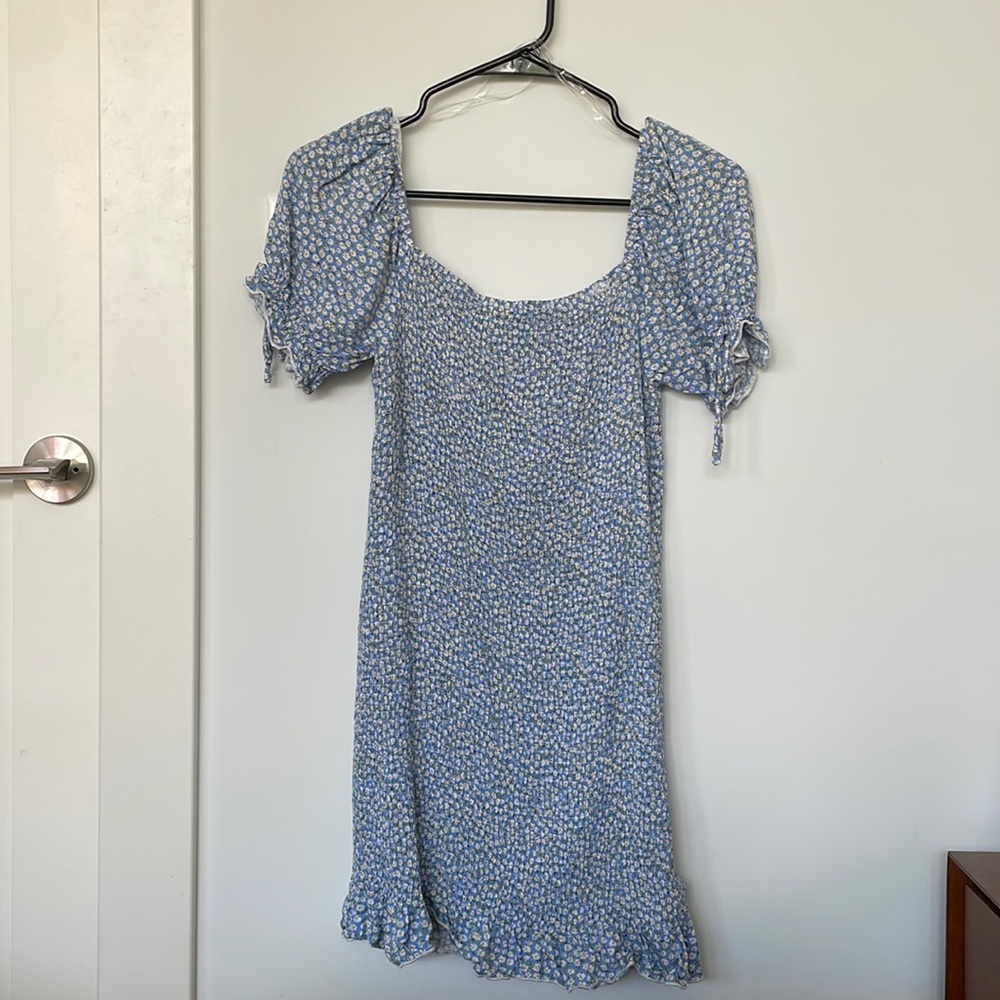 Light Blue Floral Smocked Short Puff Sleeve Maternity Mini Dress